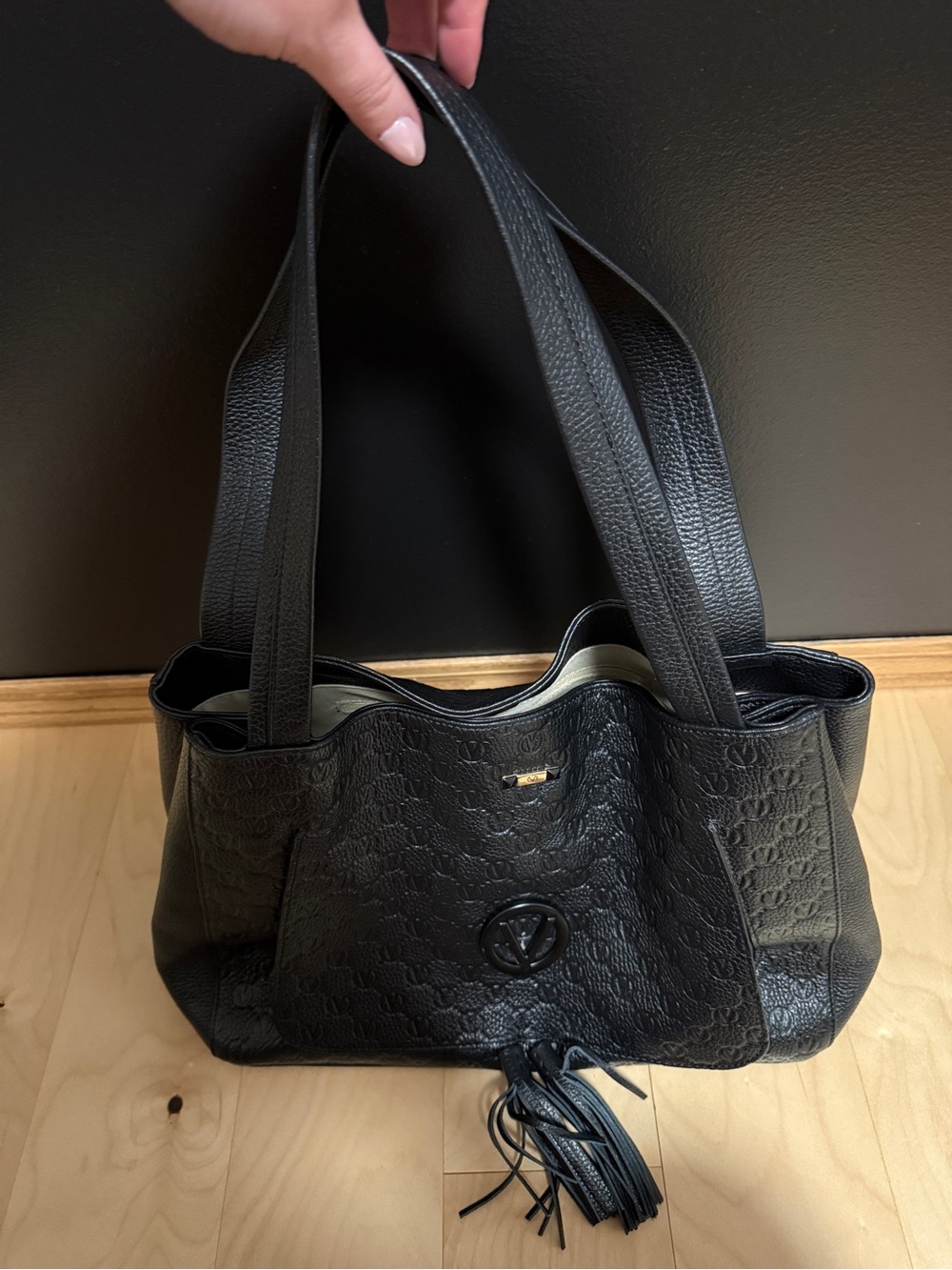 Valentino Black Textured Leather Tote with Tassel